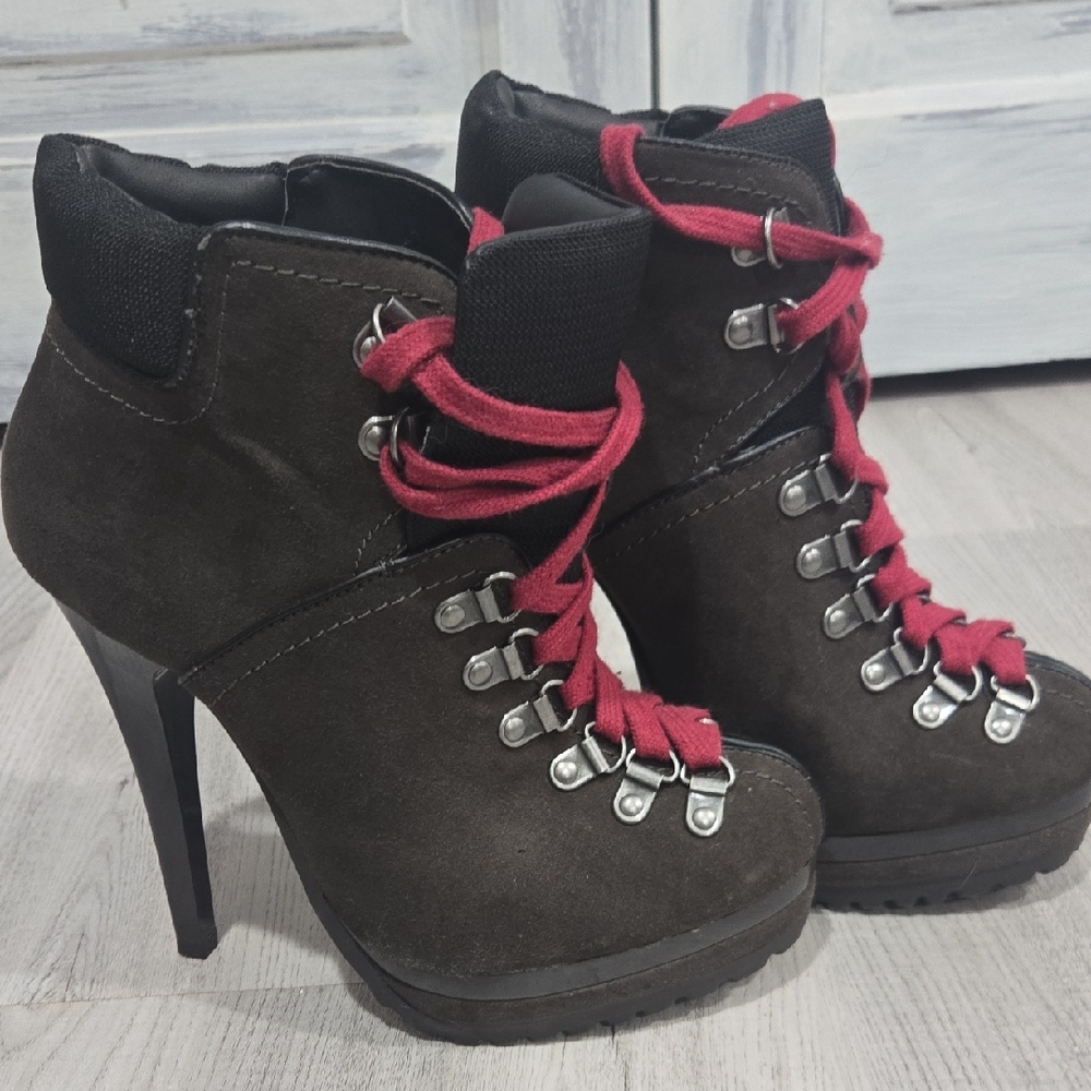 Xhilaration Black Heeled Boots with Red Laces